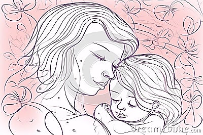 Mother and Child Bond. happy mothers day celebration .illustration. line drawing. Generative AI Cartoon Illustration
