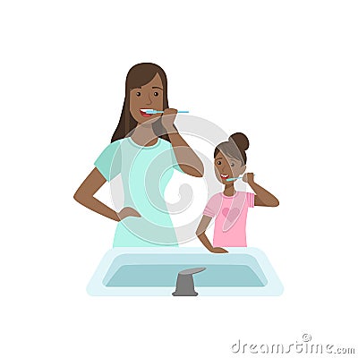 Mother And Child Brushing Teeth Together Illustration Vector Illustration