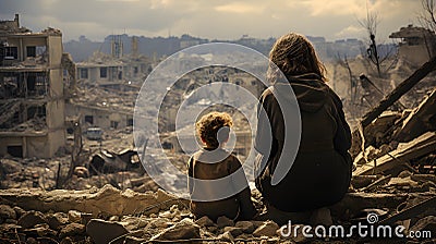 Mother and child in destroyed city. War Conflict of Palestine Israel Stock Photo