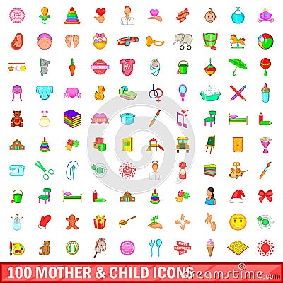 100 mother and child icons set, cartoon style Vector Illustration