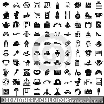 100 mother and child icons set, simple style Vector Illustration