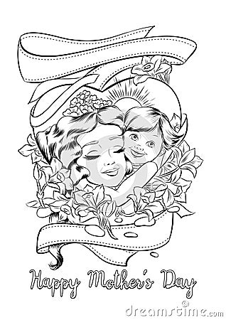 Mother and child line art vector illustration for greeting card and coloring Vector Illustration