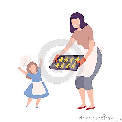 Mother And Child Making Cookies Together, Mom Holding Baking Tray with Homemade Pastries, Parent and Kid Having Good Vector Illustration