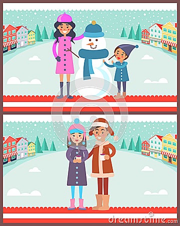 Mother and Child Makes Snowman Vector Illustration Vector Illustration