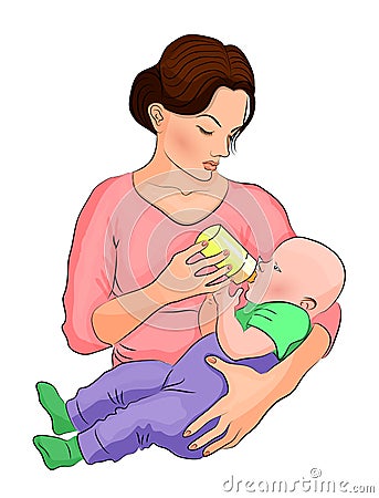 The mother and child. the milk in the bottle. Vector Illustration