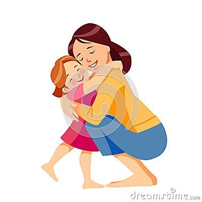 Mother and child. Mom hugging her daughter with a lot of love and tenderness. Mother`s day, holiday concept. Cartoon Vector Illustration