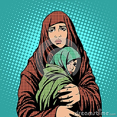 Mother and child refugees foreigners immigrants Vector Illustration