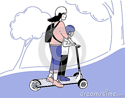 Mother and child riding kickscooter together. 3-wheeled electric scooter, eco friendly commute to school or kindergarten Vector Illustration