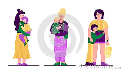 Mother with child - set of three families with cartoon people hugging. Vector Illustration