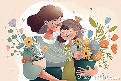 mother and child, smiling and embracing each other, surrounded by flower in background Stock Photo