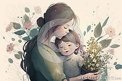 mother and child, smiling and embracing each other, surrounded by flower in background Stock Photo