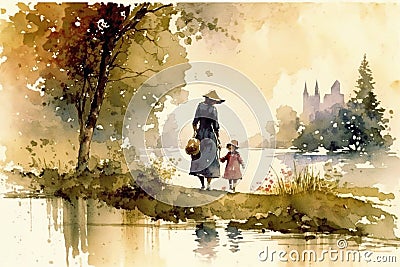 Mother and child stroll in watercolor serenity, created with Generative AI technology Stock Photo