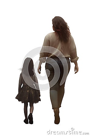 mother and child walking away. full view. rear view. back view. Isolated transparent PNG. Silhouette. Jeans, shirt, skirt. Stock Photo