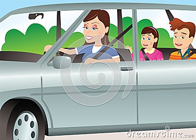 Mother and children in automobile Vector Illustration