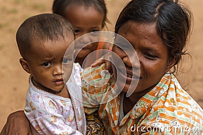 Mother and children in Cambodian village Editorial Stock Photo