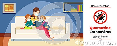 Mother and children home reading during Coronavirus or Covid-19 quarantine. Stay at home, Home education concept Vector Illustration