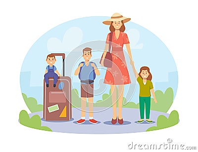 Mother and Children Traveling Together. Happy Family on Summer Vacation. Mom with Kids Travel, Characters with Luggage Vector Illustration