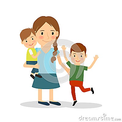 Mother with children. Young woman and two boys Vector Illustration