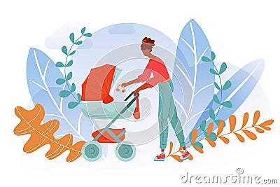 Mother city walks baby, woman stroller together, motherhood lifestyle, happy mom, design, cartoon style vector Vector Illustration