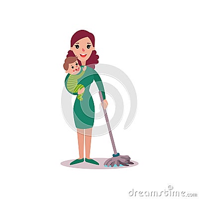 Mother cleaning the floor with baby in her arms, super mom concept vector Illustration Vector Illustration