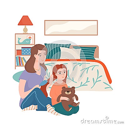 Mother combing hair of little daughter in bedroom Vector Illustration
