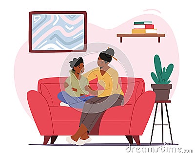 Mother Comforting Child Sitting on Sofa in Living Room. Mom and Son Talking of Problems, Parent Support and Embrace Boy Vector Illustration