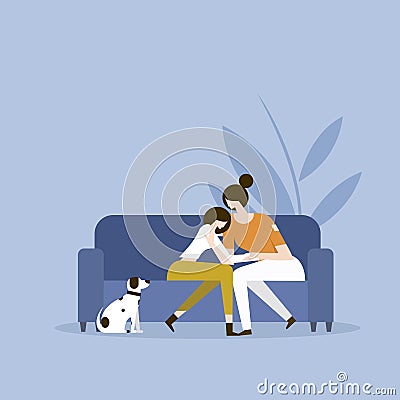 A mother emotionally holding her daughter to comfort her Vector Illustration