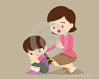 Mother comforting Upset Elementary daughter Vector Illustration