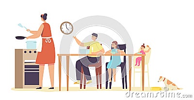 Mother Cooking for Hungry Family. Little Kids Boy and Girls Waiting Dinner Around Table. People Eating Meal and Talking Vector Illustration