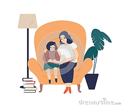 Mother and cute daughter reading book together vector flat illustration. Happy woman enjoy motherhood spending time with Vector Illustration