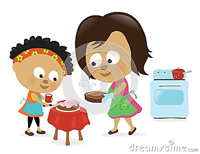 Mother and daughter baking a cake Vector Illustration