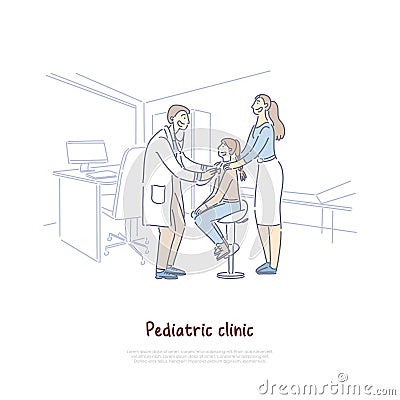 Mother with daughter at children hospital, visit to pediatrician, doctor with stethoscope, pediatric clinic banner Vector Illustration