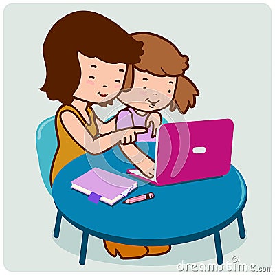 Mother and daughter using the computer. Vector illustration Vector Illustration
