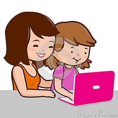 Mother and daughter on the computer. Vector Illustration Vector Illustration
