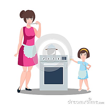 Mother with the daughter cook dough. Vector Illustration