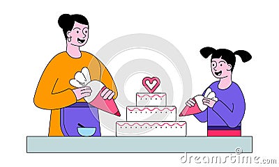 Mother and daughter cooking birthday cake Vector Illustration