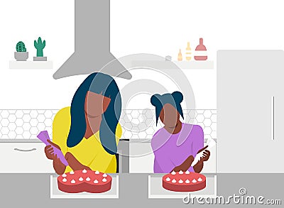 Mother and daughter cooking cake on kitchen table in kitchen. Cooking together in the kitchen. Baking workshop Vector Illustration