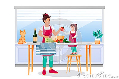 Mother and daughter cooking vegetable salad. Mom and little girl make healthy lunch or dinner. Vector illustration Vector Illustration