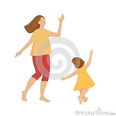 Mother and daughter dance. A young woman and a little girl are having fun. Parents and children spend time together. Vector Illustration