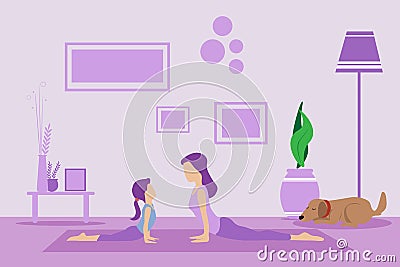 Mother and daughter doing exercise at home in a living room Vector Illustration