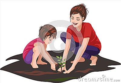 Mother and daughter enjoying gardening together Vector Illustration