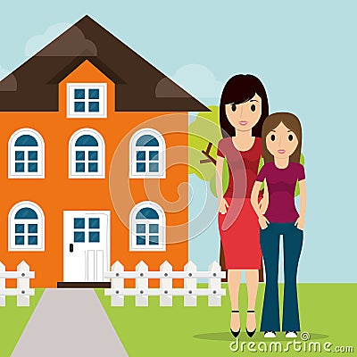 Mother daughter facade house tree and fence Vector Illustration