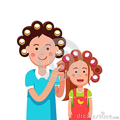 Mother and daughter girl doing curly hairstyle Vector Illustration