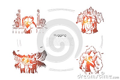 Mother and daughter, girlfriends, people on hiking trip and young couple hugging, friendship banner Vector Illustration