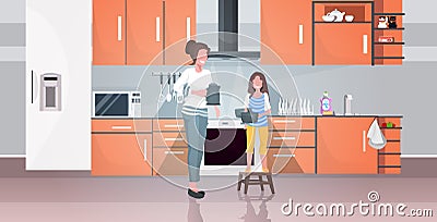 Mother with daughter holding kettle and pot family doing housework together modern kitchen interior sketch full length Vector Illustration