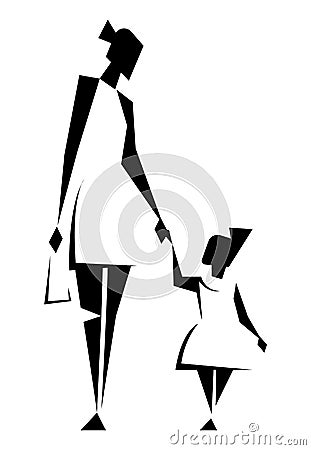 Mother and daughter in identical white dresses and hairstyles. Mom and daughter hold hands and walk. Vector Illustration