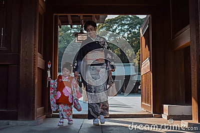 Mother and a daughter in Japanese kimonos Editorial Stock Photo