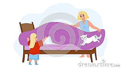 Mother And Daughter Make Bed With Bedsheet Vector Vector Illustration