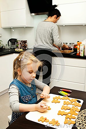 Mother and daughter making gingerbread cookies at home Stock Photo