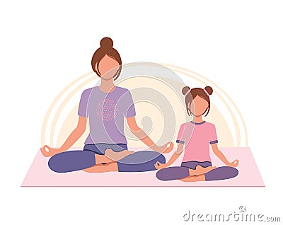 Mother and daughter meditating and sitting in lotus together. Yoga with mom. Concept illustration for yoga, meditation, relax and Vector Illustration